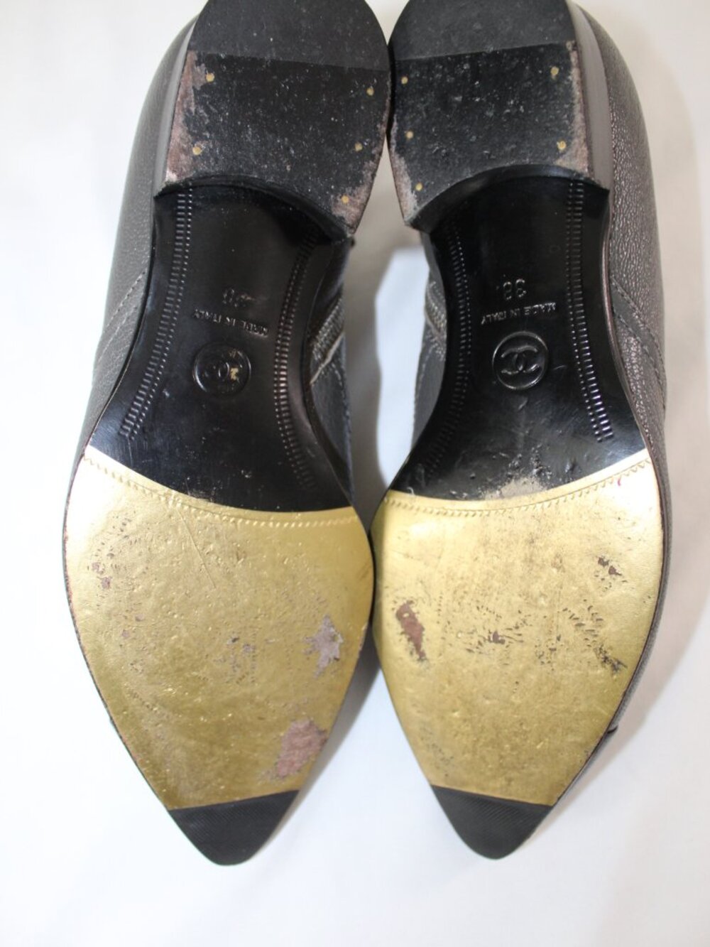 Chanel CC Cap Toe Gray Black Short Booties Loafers Side Zip Leather 38 - Picture 7 of 7